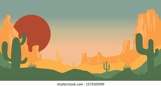 Desert landscape with cactuses and mountains in cartoon style. Design element for poster, card, banner, flyer. Vector illustration