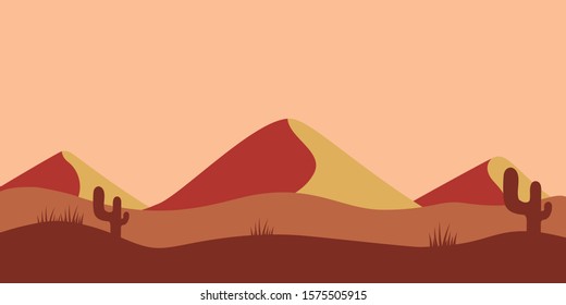 Desert landscape with cactuses and mountains in cartoon style. Design element for poster, card, banner, flyer. Vector illustration