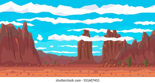 Desert landscape with cactuses and mountains. Flat style. Vector nature landscape background with separated layers for game art and animation game