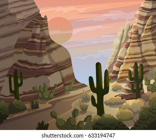 Desert landscape with cactuses and mountains. Sunset or sunrise scenery background. Vector illustration.