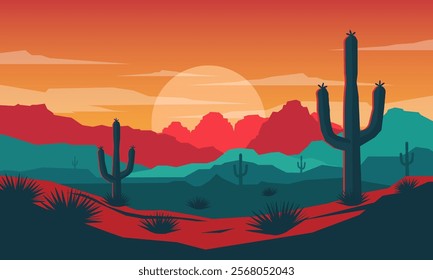 Desert landscape with cactuses and mountains. Vector illustration.