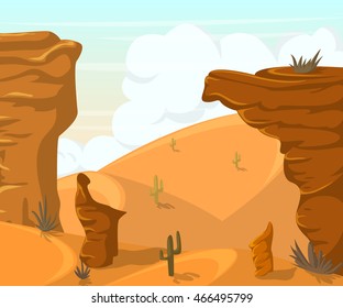 Desert landscape with cactuses and mountains. Vector illustration in cartoon style