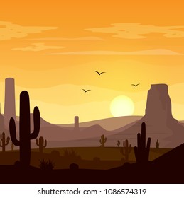Desert landscape with cactuses on the sunset background