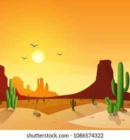 Desert landscape with cactuses on the sunset background