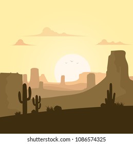 Desert landscape with cactuses on the sunset background