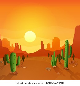 Desert landscape with cactuses on the sunset background