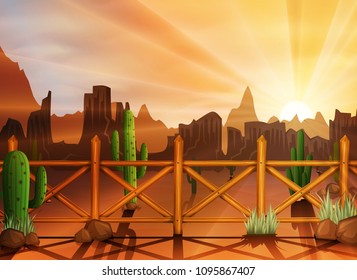 Desert landscape with cactuses on the sunset background