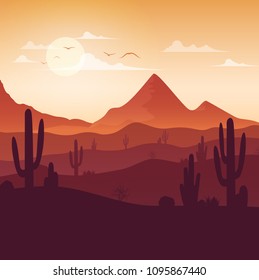 Desert landscape with cactuses on the sunset background