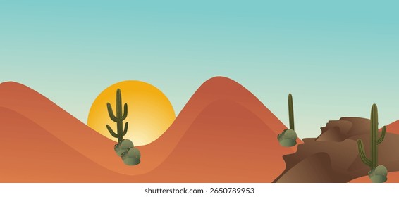 Desert landscape with cactuses and sun. Vector illustration.