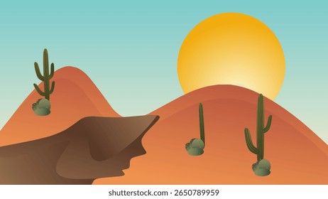 Desert landscape with cactuses and sun. Vector illustration.
