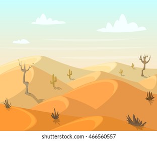 Desert landscape with cactuses and trees. Vector illustration in cartoon style