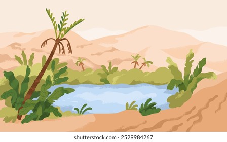 Paisaje desértico con oasis de calma, agua entre dunas de arena. Tranquila escena de la naturaleza tropical con palmeras y vegetación, ambiente árido. Lago sereno y plantas, paisaje. Ilustración vectorial plana