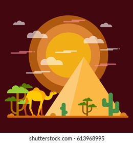 Desert landscape. Camel and cacti. Flat Design Style.