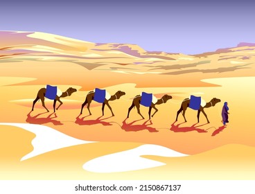 Desert landscape with camel caravan, dunes and desert in the background. Handmade drawing vector illustration.