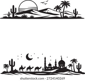 Paisaje del desierto con caravana de camellos y mezquita aislados sobre fondo blanco, Vector, ilustración