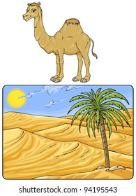 Desert Landscape with Camel - Cartoon Illustrations - Clip art