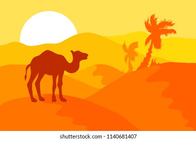 Desert landscape with camel, palm trees and sun. Vector