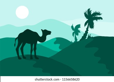 Desert landscape with camel, palm trees and sun in green colors. Vector