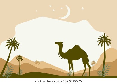 Desert Landscape with Camel, Palm Trees, and Crescent Moon