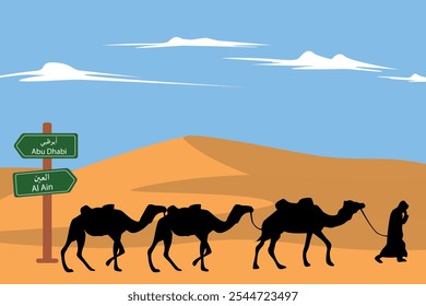 Paisagem do deserto com camelo e pessoas, Abu Dhabi - Al Ain direção bordo nos Emirados Árabes Unidos.