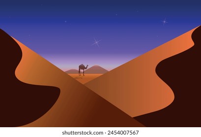 Desert landscape with a camel. Violet-purple night starry sky over the desert. Vector illustration