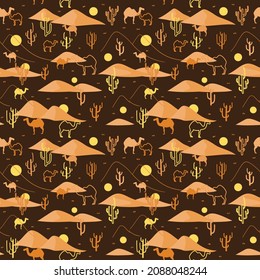 Desert landscape with camels, dunes, cactus and sun seamless pattern. Vector illustration.