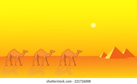 Desert landscape with the camels and pyramids