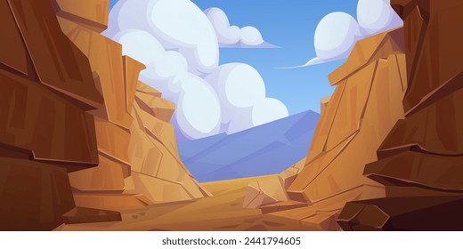 Paisaje del desierto con vector de dibujos animados de roca de cañón. Escena occidental con piedra silvestre en el sucio valle del parque nacional de arizona. Rocky cliff and boulder formation scenery way para la interfaz de diseño de juegos