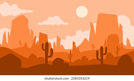 Desert landscape of canyon scenery with cactus and butte. Panoramic view of wild west desert with cacti and a sunset sky. Vector illustration of the scenic arizona desert with buttes and mesas