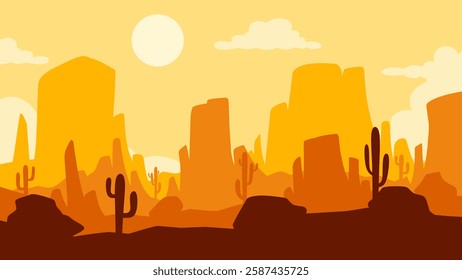 Desert landscape of canyon scenery with cactus and butte. Panoramic view of wild west desert with cacti and a sunset sky. Vector illustration of the scenic arizona desert with buttes and mesas