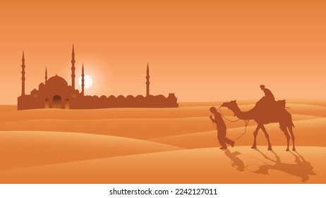 Paisaje del desierto con ilustración de fondo caravana vector, silueta