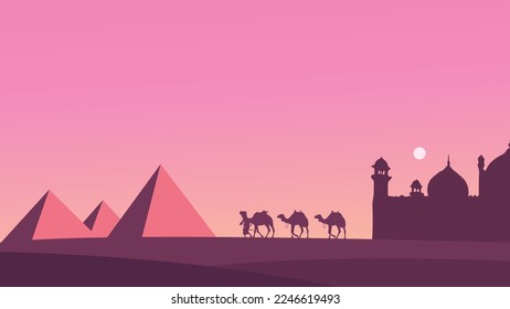 Desert landscape with caravan background illustration vector, silhouette