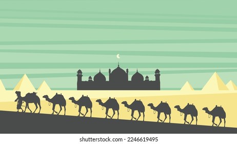 Desert landscape with caravan background illustration vector, silhouette