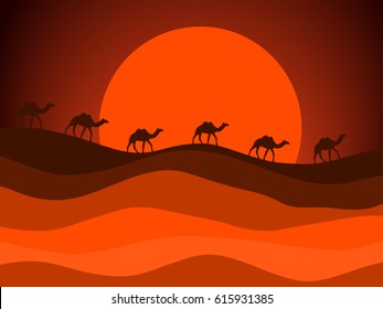 Desert landscape with a caravan of camels in the background of the sun. Vector illustration