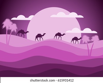 Desert landscape with a caravan of camels in the background of the sun. Vector illustration