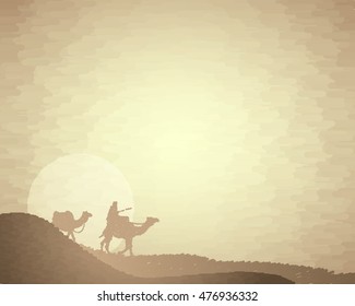 Desert landscape with the caravan and the sun. watercolor image. vector illustration