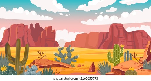 Desert landscape. Cartoon sand horizon with rocks, cactus and sandy valley. Vector wild desolated background. Nature with solid cliffs, dry land and plants, outdoor environment, hot climate