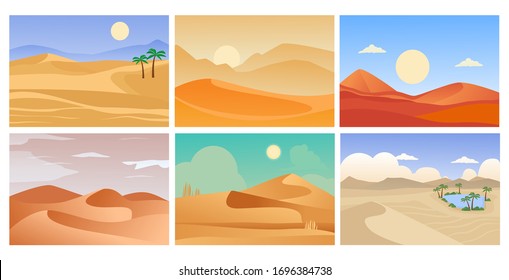 desert landscape. cartoon tropical exotic backgrounds with sand horizon and hot shining sun. vector summer pictures