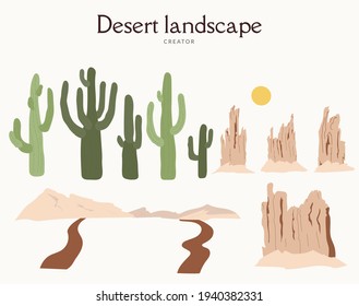 Desert landscape constructor. Set of abstract desert landscapes. Mountains, rocks, roads and saguaro cacti in daylight.