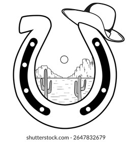 desert landscape with cowboy hat illustration. Horseshoe Monogram	