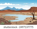 Desert landscape with cracked dry earth, small pond, scattered stones, rare green plants and barren tree in the background of hills and mountains and blue sky. Dry lake vector illustration.