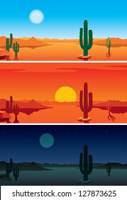 Desert landscape. Day, evenind and night.