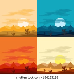Desert landscape days and desert at night. Landscapes of the desert. Flat design, vector illustration, vector.