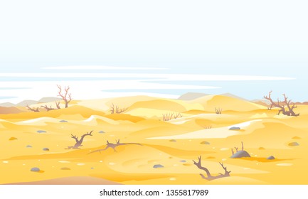 Desert landscape with dead trees and shrubs around big sand dunes in sunny day, arid deserted place without water and without plants, sand dunes to the horizon