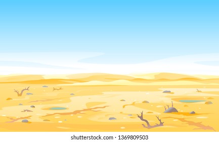 Desert landscape with dead trees and shrubs at the bottom of the dry river, arid deserted place without water and without plants, sand dunes to the horizon