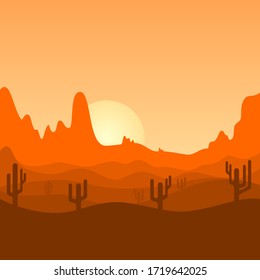 Desert Landscape design. cactus trees on desert land. sunset landscape design. sunrise landscape design. vector Illustration.