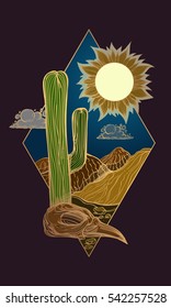 Desert landscape in the diamond-shaped logo. Post-apocalyptic wilderness. Day landscape in acid colors with a gold outline.