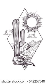 Desert landscape in the diamond-shaped logo. Post-apocalyptic wilderness. Day. Black and white outline drawing for coloring.