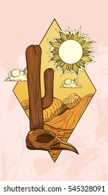 Desert landscape in the diamond-shaped logo. Post-apocalyptic wilderness. Day. Illustration for printing on T-shirts and other items. Picture for design travel agencies.