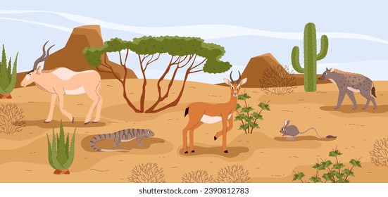 Desert landscape with different smiling animals flat style, vector illustration. Nature, local animals and plants. Antelope, jerboa, hyena and monitor lizard. Camel thorn, cactus and tree